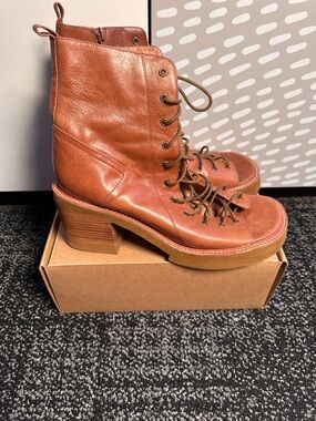 Jeffrey Campbell Cognac Leather Lace-Up Block Heel Boots - Vintage Size 11